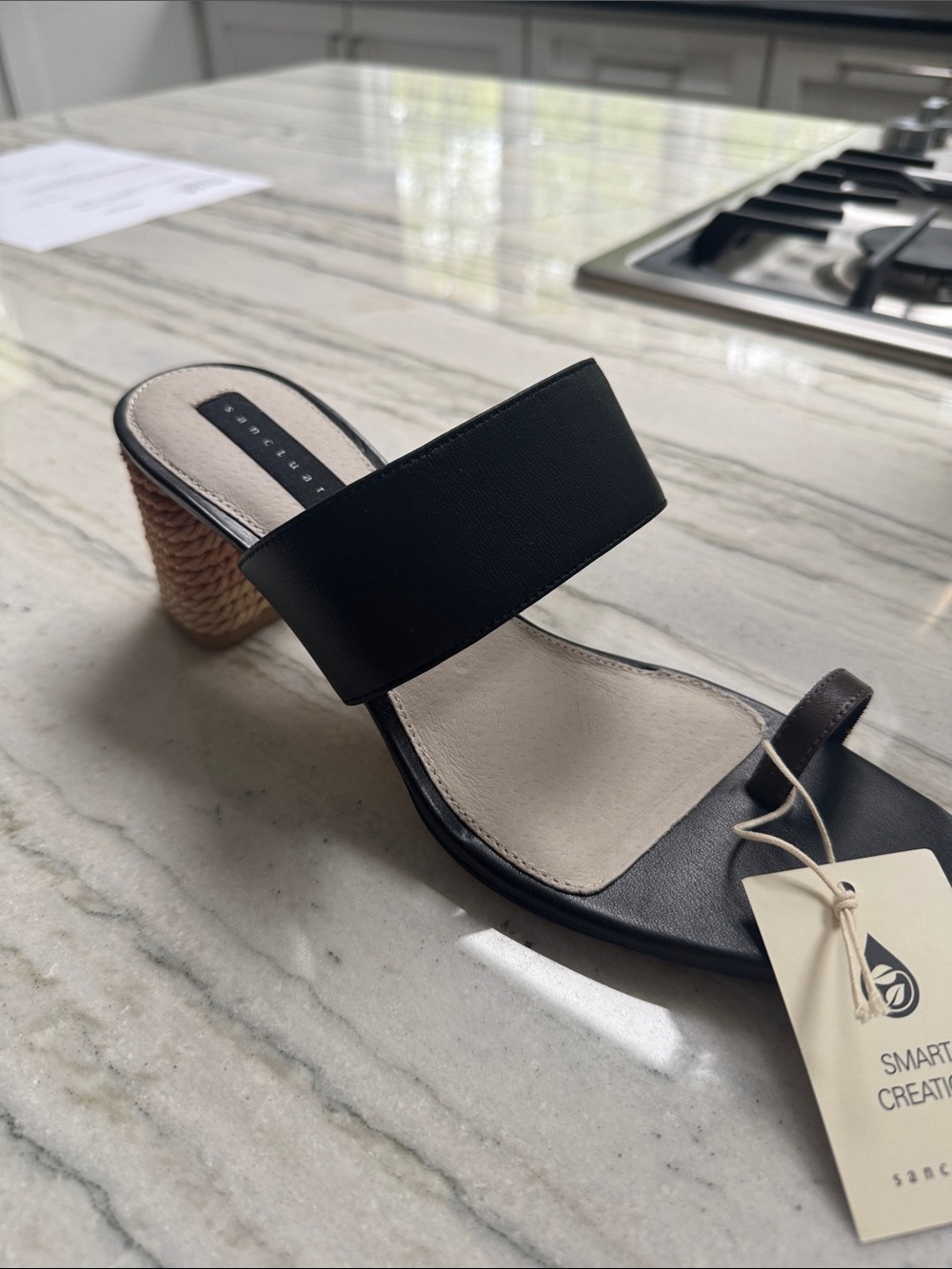 Sanctuary Black Leather Two-Strap Mule with Woven Brown Heel